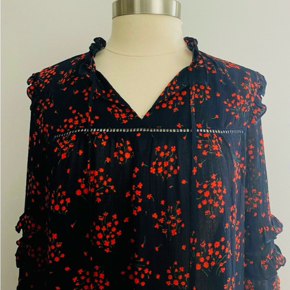 Ann Taylor Navy Blue and Red Ruffled Blouse with Cuffed Sleeves